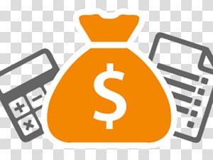 Orange money bag with dollar sign flanked by calculator and document icon, symbolizing finance and accounting.