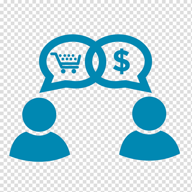 Two people conversing with speech bubbles showing a shopping cart and dollar sign, symbolizing e-commerce transaction discussion.