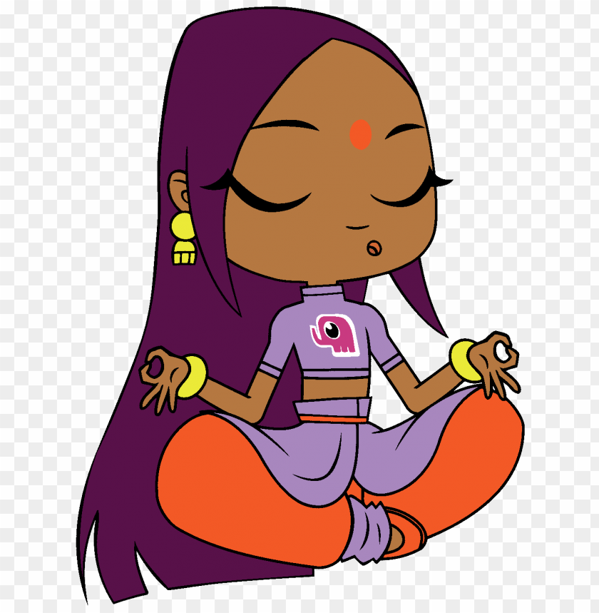 A cartoon girl with purple hair meditating in lotus pose, wearing orange pants and a purple top with an elephant logo.