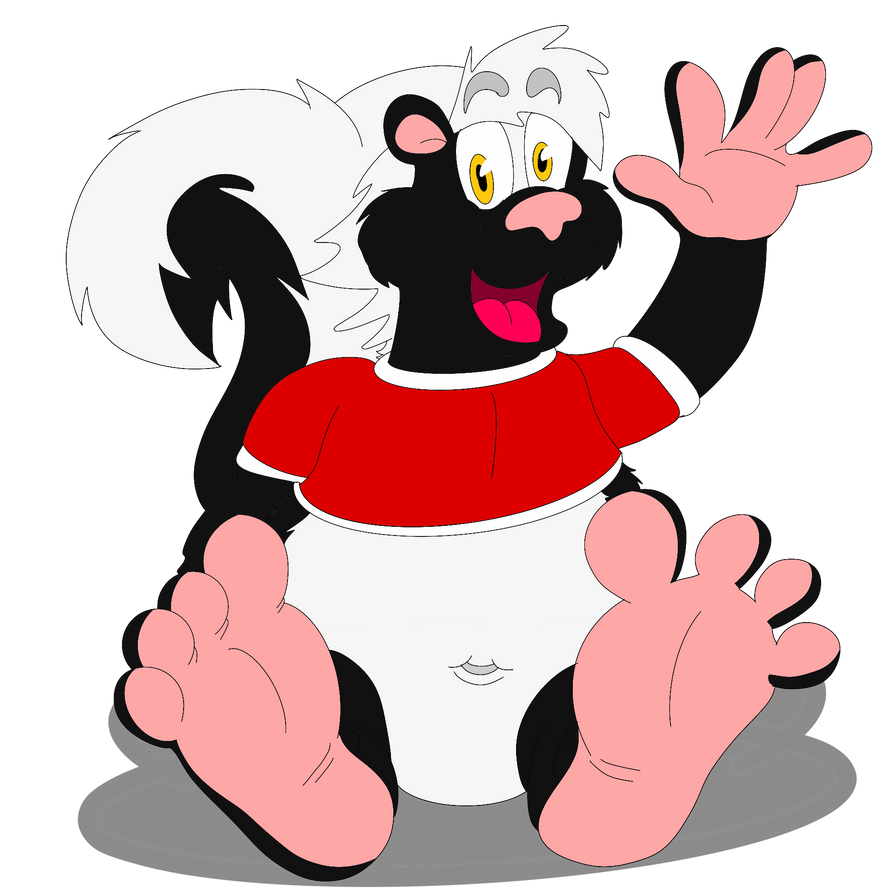 A cheerful cartoon skunk baby in a red shirt and diaper, waving with big pink feet visible.