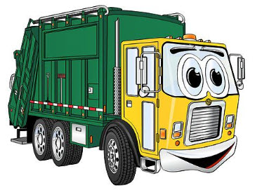 Friendly cartoon garbage truck with smiling face, yellow cab, green rear compactor, and expressive eyes.