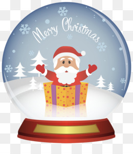 Santa Claus popping out of a gift box inside a snow globe with "Merry Christmas" text and snowy trees.