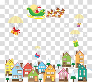 Santa flying in sleigh with reindeer over colorful houses, gift parachutes descending in snowy scene.