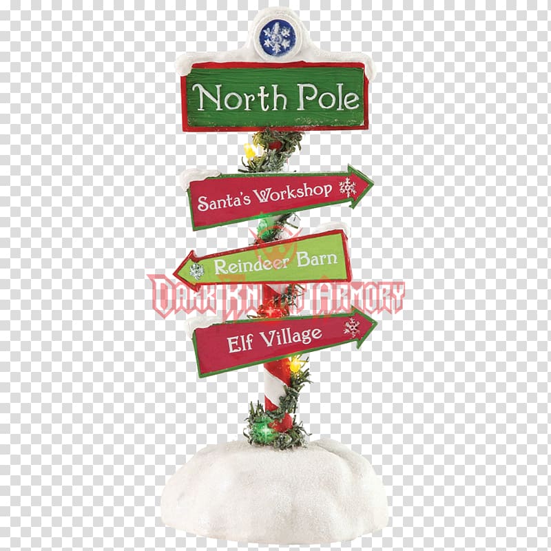 Festive directional signpost pointing to North Pole, Santa’s Workshop, Reindeer Barn, and Elf Village with snow and lights.