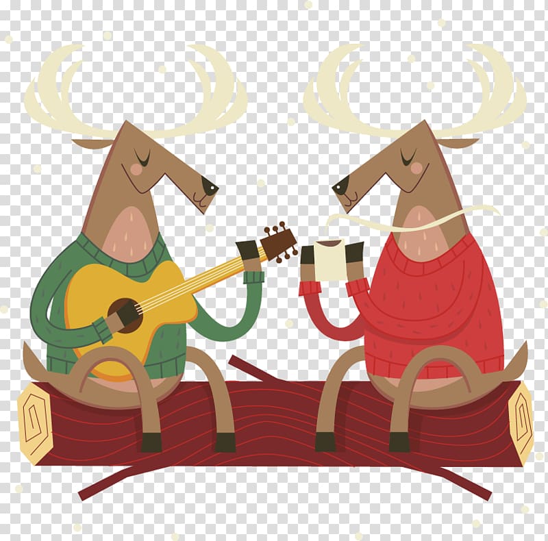 Two cartoon reindeer sitting on a log, one playing guitar and the other sipping hot cocoa in a cozy winter scene.