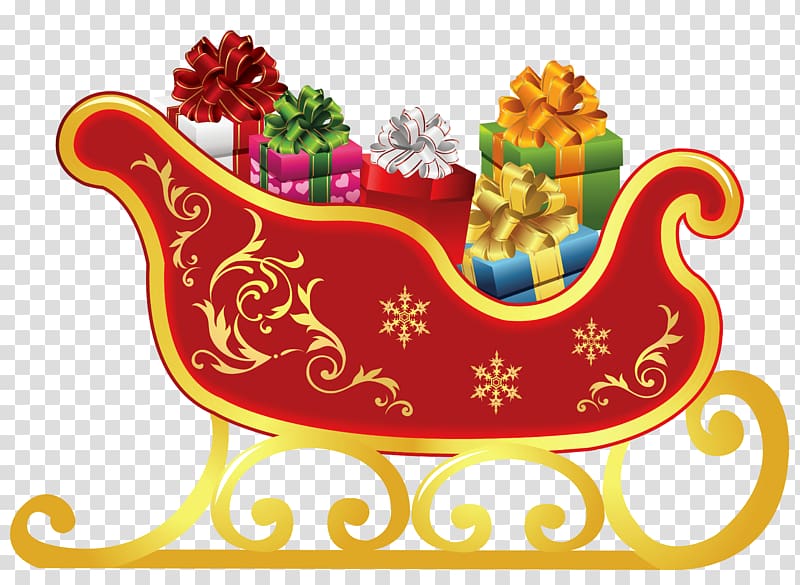 Red and gold ornate Christmas sleigh filled with colorful gift boxes and festive bows.