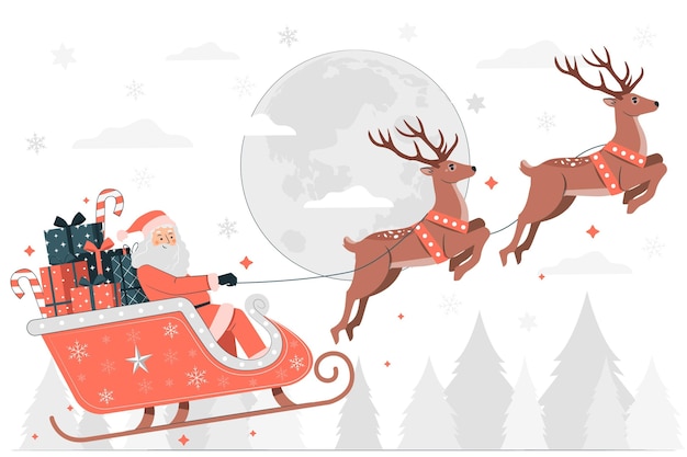 Santa Claus in a red sleigh pulled by two reindeer, flying past a full moon over snowy pine trees with gifts and candy canes.
