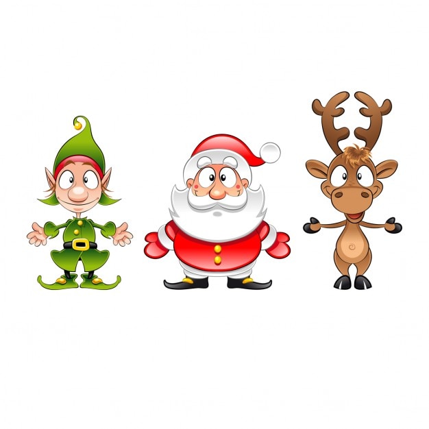 Cartoon illustration of a green elf, Santa Claus, and a reindeer standing side by side, smiling with open arms.