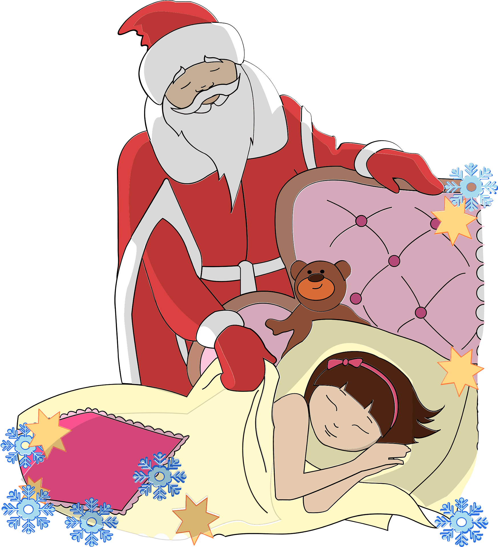 Santa Claus gently places a gift beside a sleeping child in bed, with a teddy bear and festive decorations nearby.