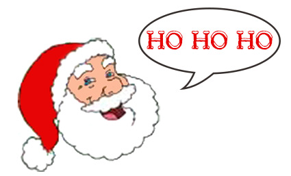 Cheerful cartoon Santa Claus with red hat and white beard saying "HO HO HO" in a speech bubble.