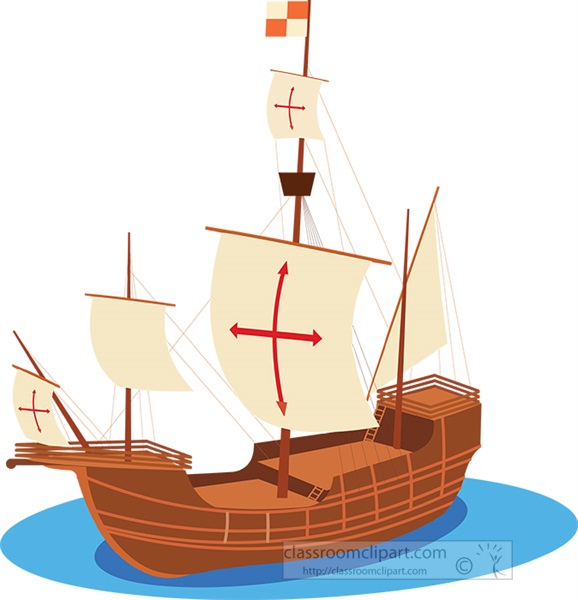 Illustration of a 15th-century Spanish caravel with red crosses on white sails, sailing on blue water.