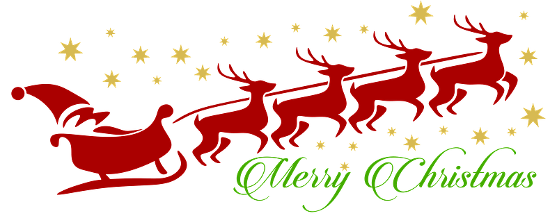 Red silhouette of Santa’s sleigh pulled by four reindeer under golden stars, with “Merry Christmas” in green script.