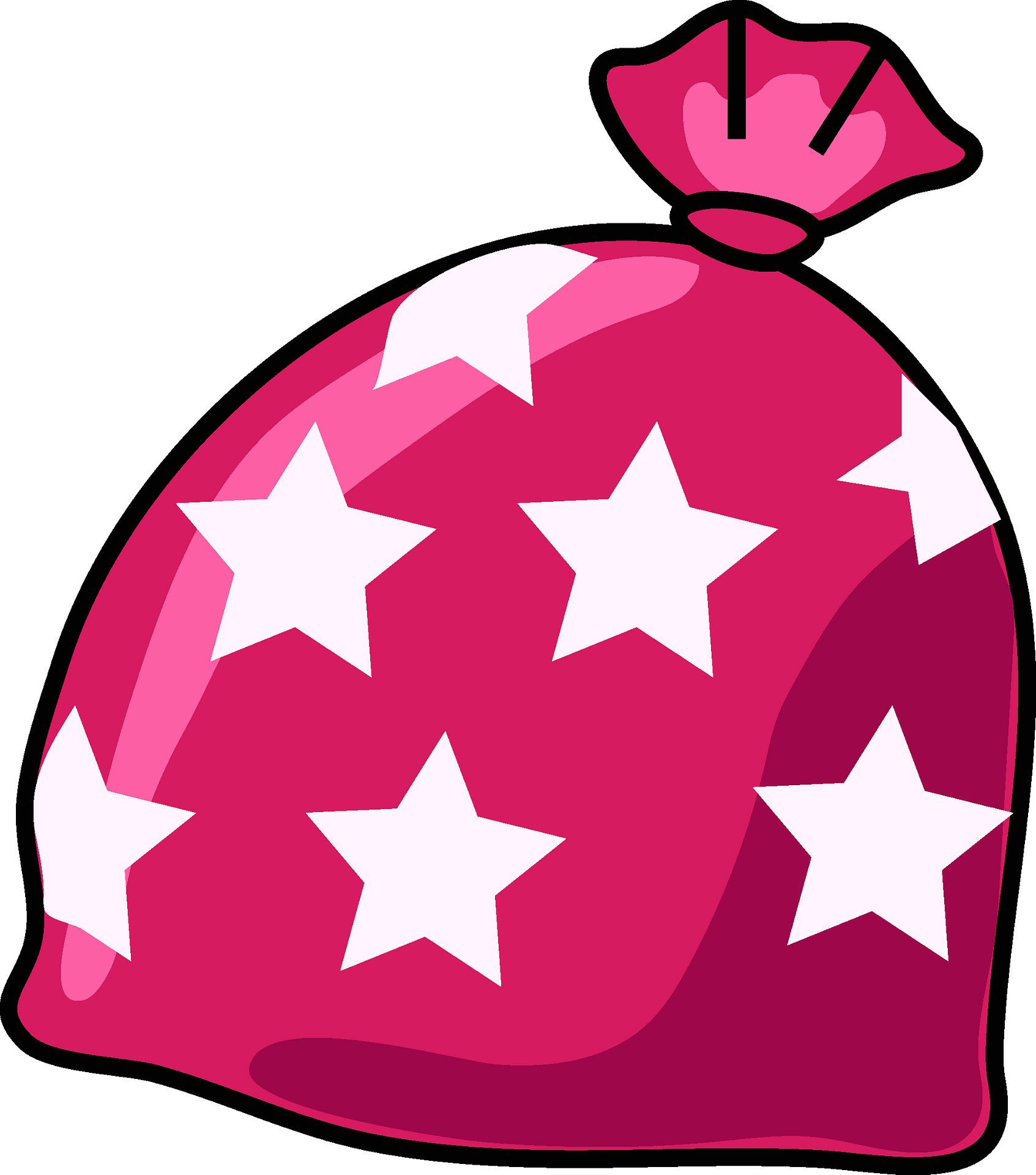 Pink star-patterned gift bag with a tied top, cartoon-style illustration.