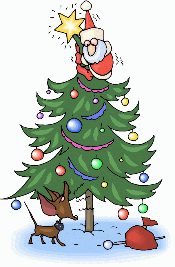 Santa Claus perched atop a decorated Christmas tree, with a dog looking up and a fallen sack nearby.