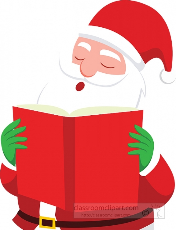 Santa Claus reading a red book with eyes closed and green gloves, joyful expression.