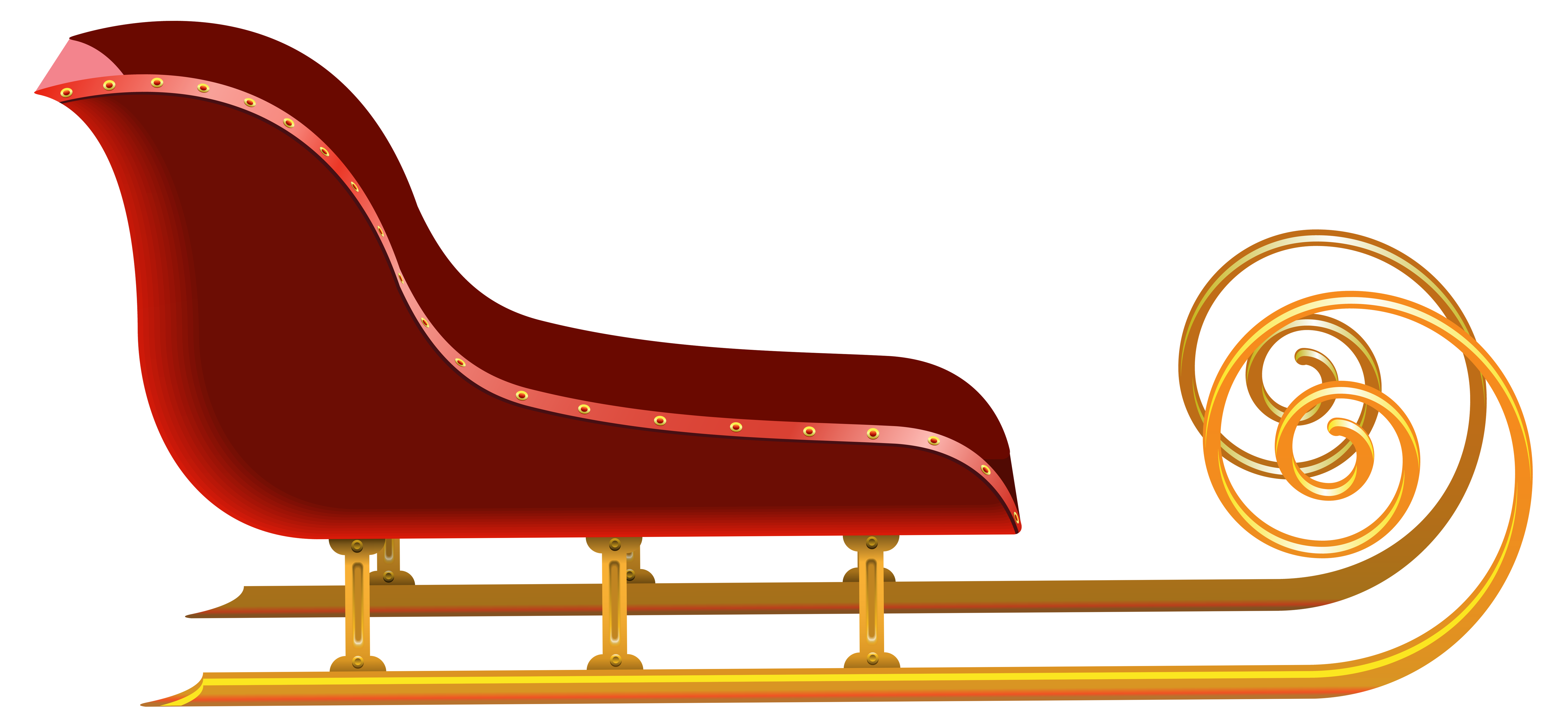 A classic red Santa sleigh with gold runners and decorative rivets, shown in side profile against a transparent background.