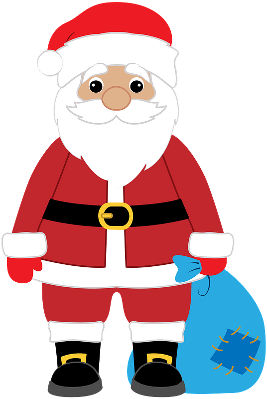 Cartoon Santa Claus in red suit holding blue gift sack, smiling with white beard and hat.