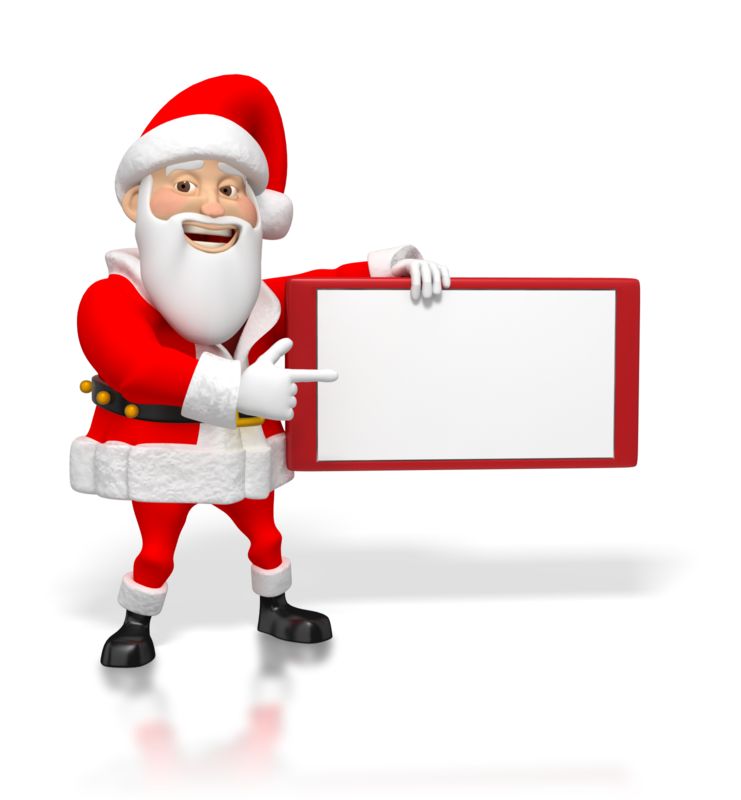 Cheerful 3D Santa Claus pointing at a blank red-framed sign, isolated on white background.