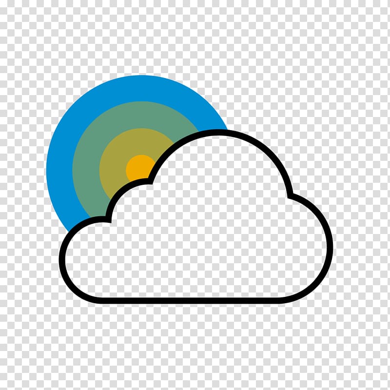 Partly cloudy weather icon with sun peeking from behind a white cloud and colorful sky rings.