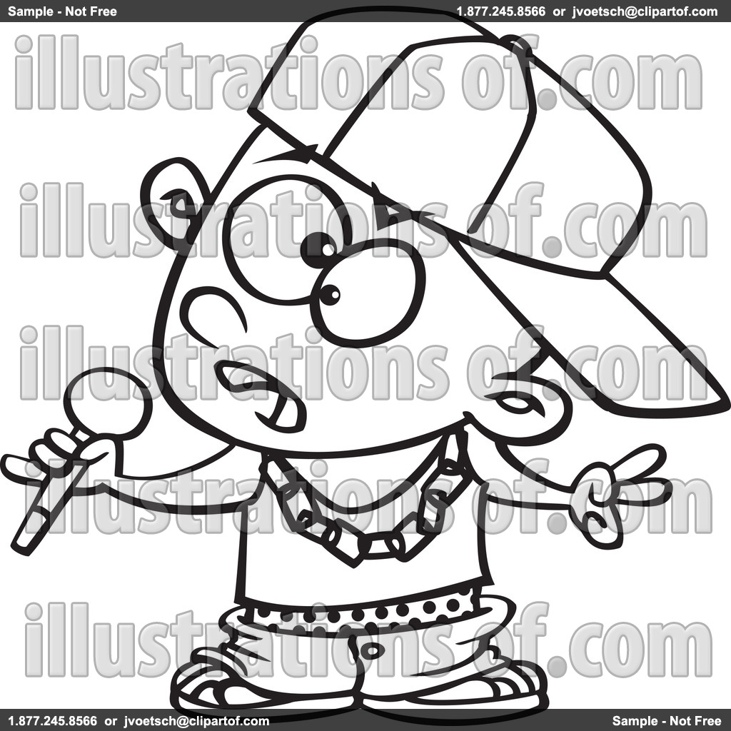 Cartoon rapper boy with cap, chain, and microphone making peace sign.