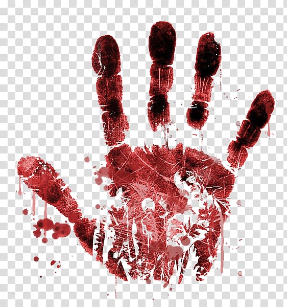 Bloody handprint with dripping red stains on transparent background, horror or crime scene theme.