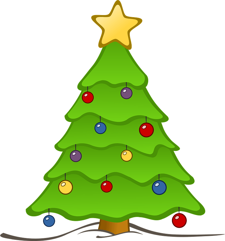 Decorated green Christmas tree with colorful ornaments and a golden star on top.