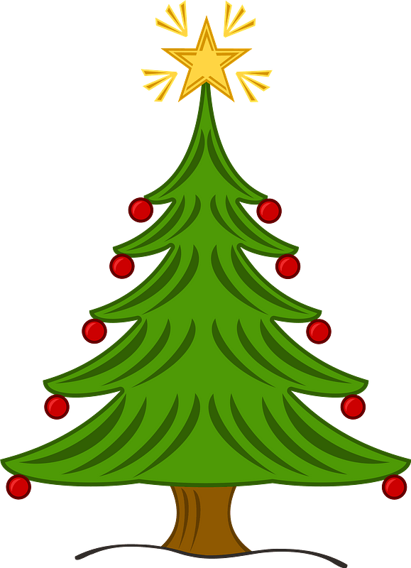 A decorated green Christmas tree with red ornaments and a golden star on top, set against a gray background.