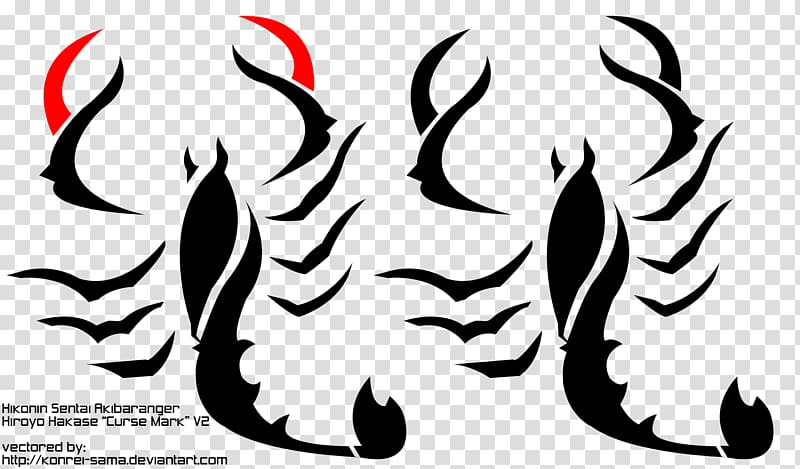 Stylized black scorpion silhouettes with red crescent accents, representing Hiroyo Hakase's "Curse Mark" V2 design.