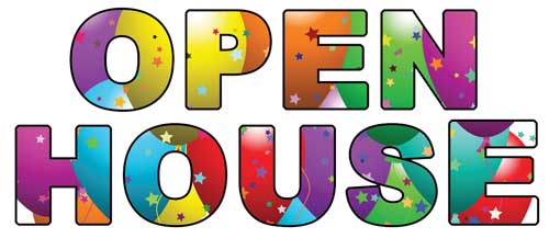 Colorful "OPEN HOUSE" text with star-patterned, multicolored letters on white background.