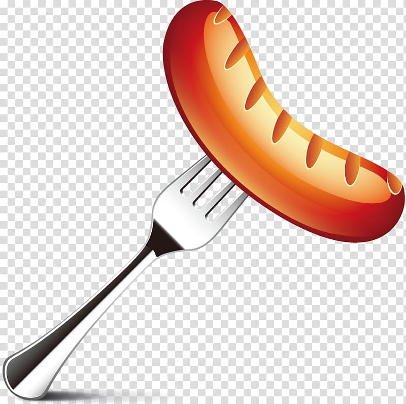 Grilled sausage on a silver fork against transparent background