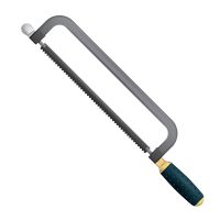 A metal-framed hacksaw with a green and gold handle and fine-toothed blade, isolated on white.
