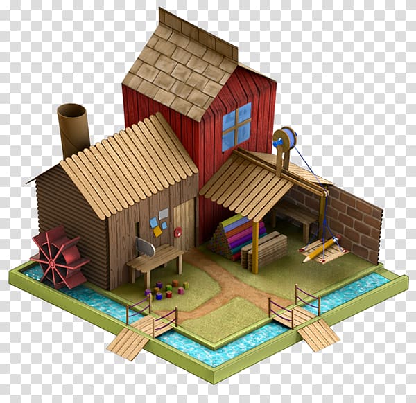 Isometric illustration of a rustic wooden workshop with waterwheel, swing, and craft tools on a grassy island surrounded by water.
