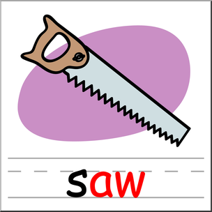 Cartoon illustration of a hand saw with wooden handle and serrated metal blade on purple background.