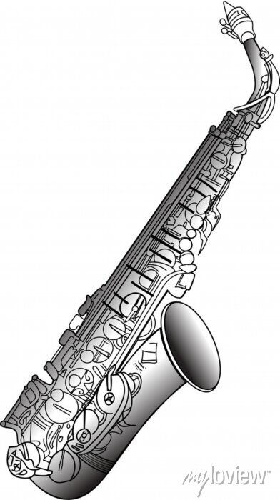 Black-and-white line art illustration of a detailed saxophone with ornate decorative patterns on its body.