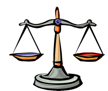 Illustration of a traditional balance scale with two pans-one holding purple liquid, the other red-symbolizing justice, fairness, or legal equilibrium.