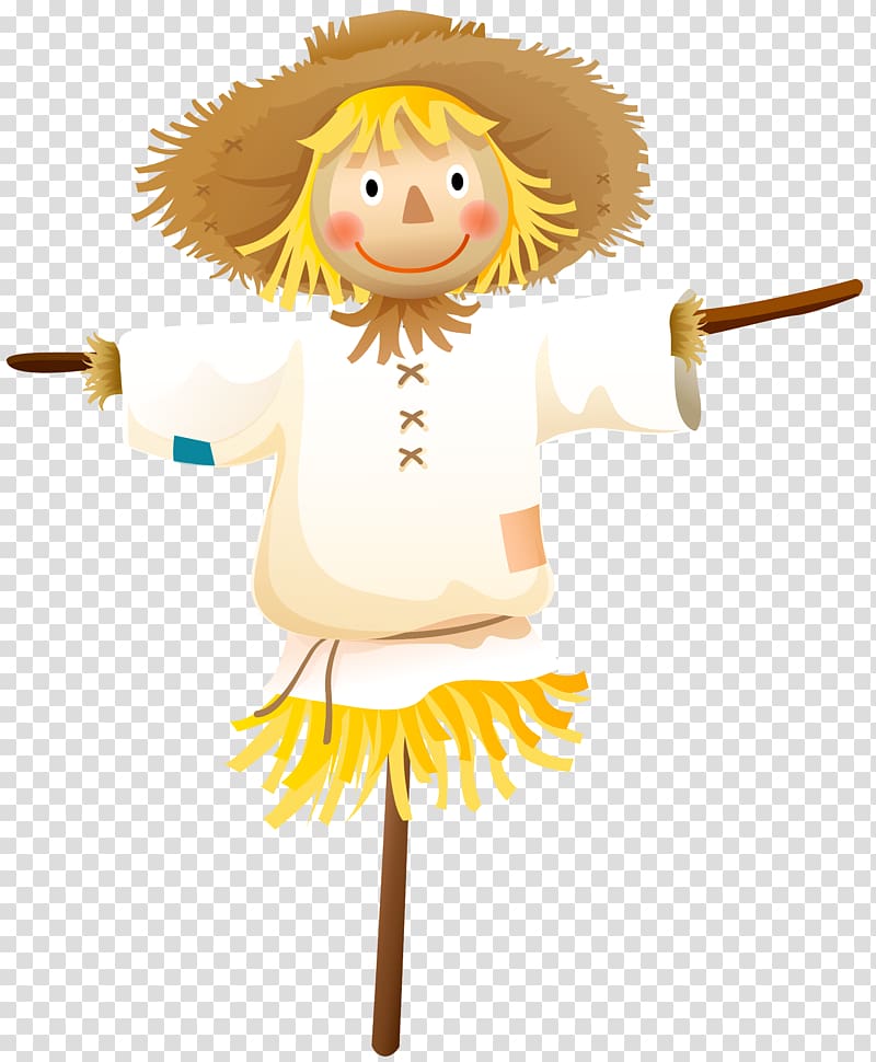 Cheerful cartoon scarecrow with straw hat, white shirt, and yellow skirt, arms outstretched on a stick.