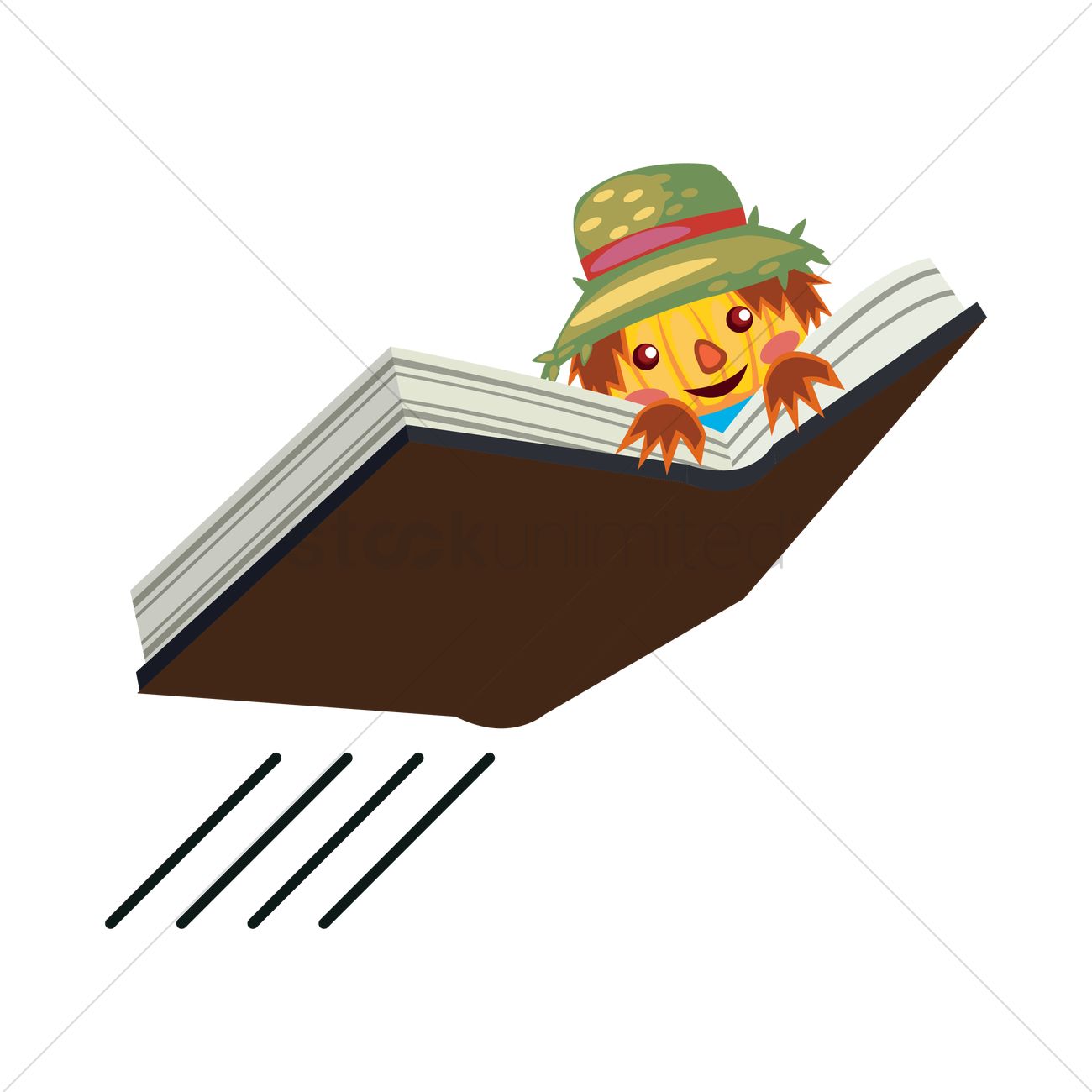 A cheerful scarecrow with a green hat peeks out from an open flying book, illustrated in vibrant cartoon style.