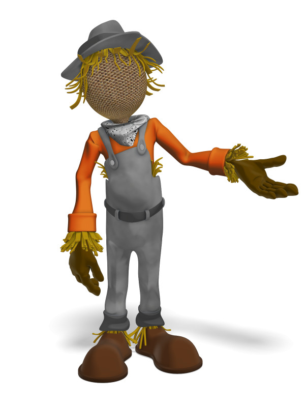 3D cartoon scarecrow with straw hair, gray hat, orange shirt, overalls, and outstretched hand against white background.