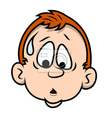 Cartoon boy with red hair, wide eyes, sweat drop, and open mouth showing surprise or nervousness.