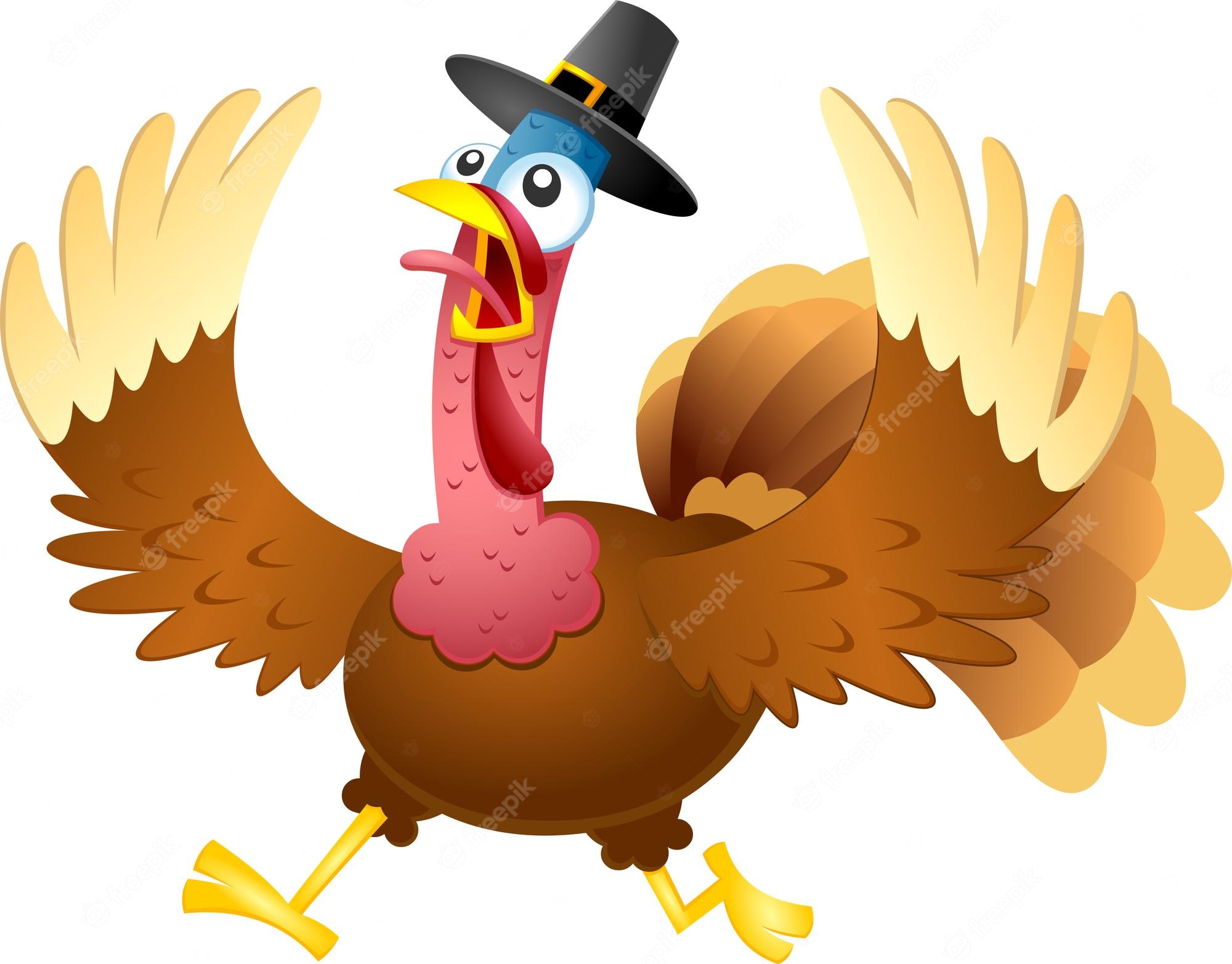 Cheerful cartoon turkey wearing a Pilgrim hat, wings spread wide and beak open in excitement.