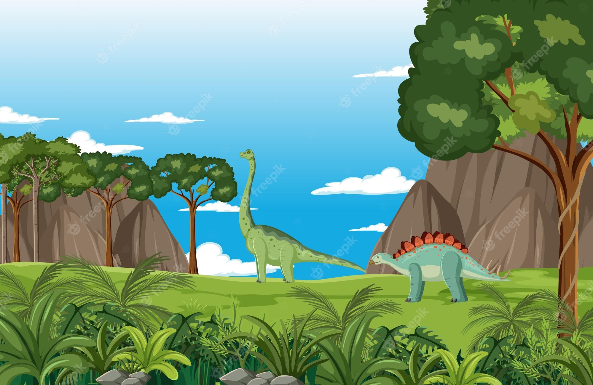 A lush prehistoric landscape with a green Brachiosaurus and a blue Stegosaurus among trees, rocks, and ferns under a bright blue sky.