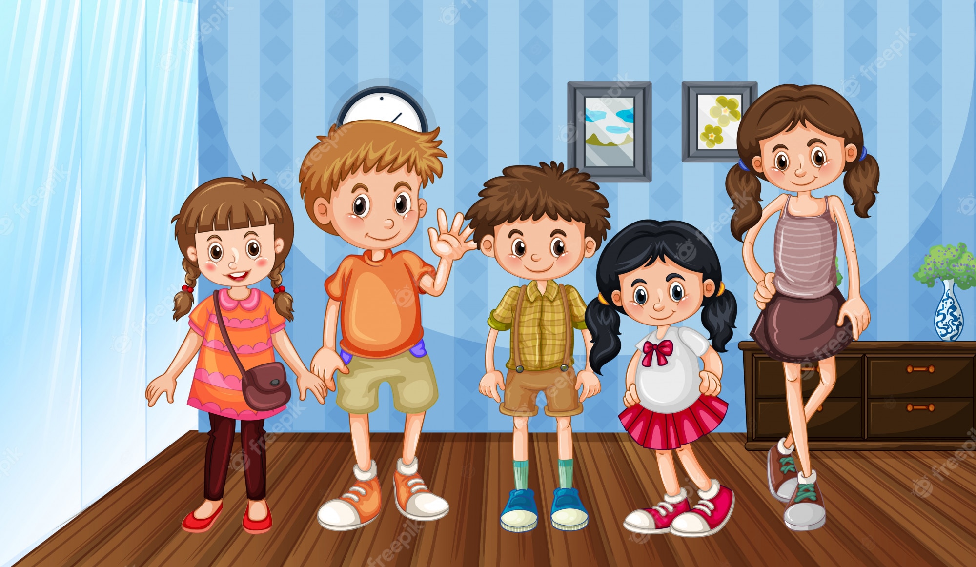 Five diverse cartoon children smiling and posing together in a bright, cozy room with blue striped walls and wooden floor.