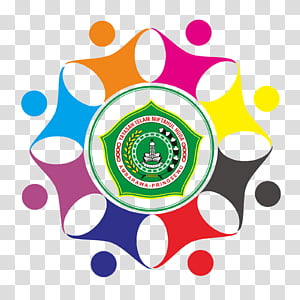 Colorful human figures encircling a green emblem with Indonesian text, symbolizing unity and education.
