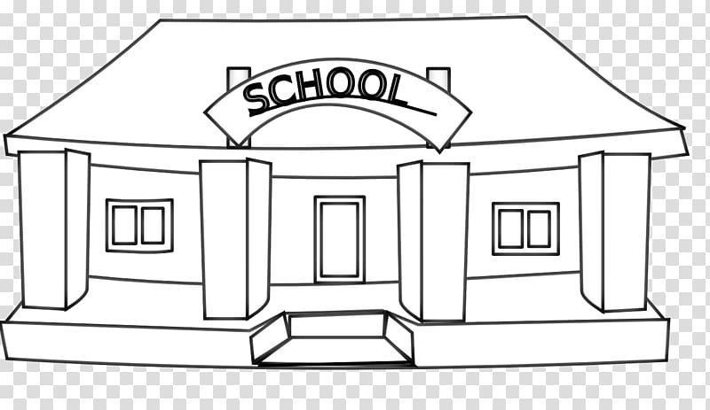 Line drawing of a classic school building with "SCHOOL" sign above the entrance and symmetrical columns.