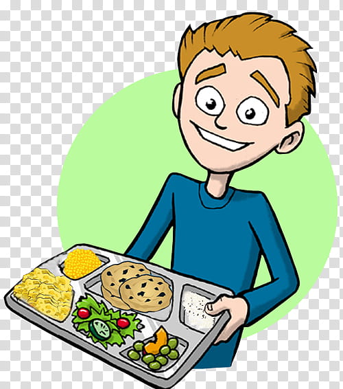 Smiling boy holding a school lunch tray with balanced meal including cookies, salad, corn, and rice.