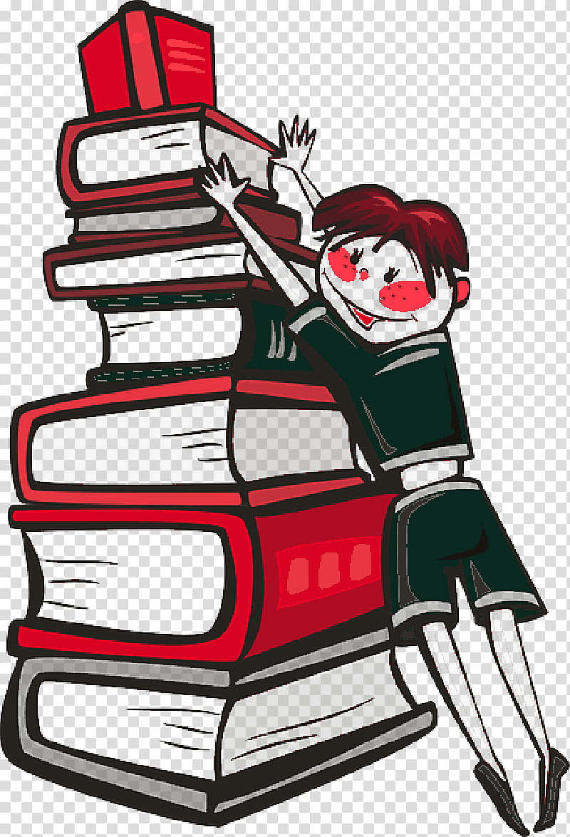Joyful child climbing a tall stack of colorful books with a red gift box on top.