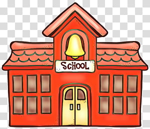 Colorful cartoon illustration of a red school building with a bell tower and "School" sign above the door.