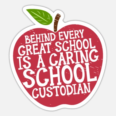 Red apple-shaped sticker with white text honoring school custodians as essential to great schools.