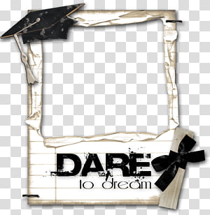 Torn parchment-style frame with graduation cap, black ribbon bow, and bold text "DARE to dream"