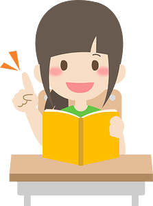 Smiling cartoon girl with brown hair reading a yellow book at a desk, raising one finger as if having an idea.